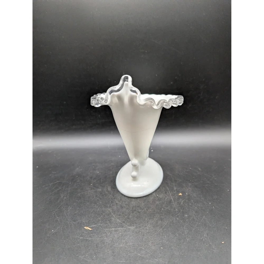 Fenton Milk Glass Silver Crest Ruffled Cornucopia Vase White Clear Edge Vintage